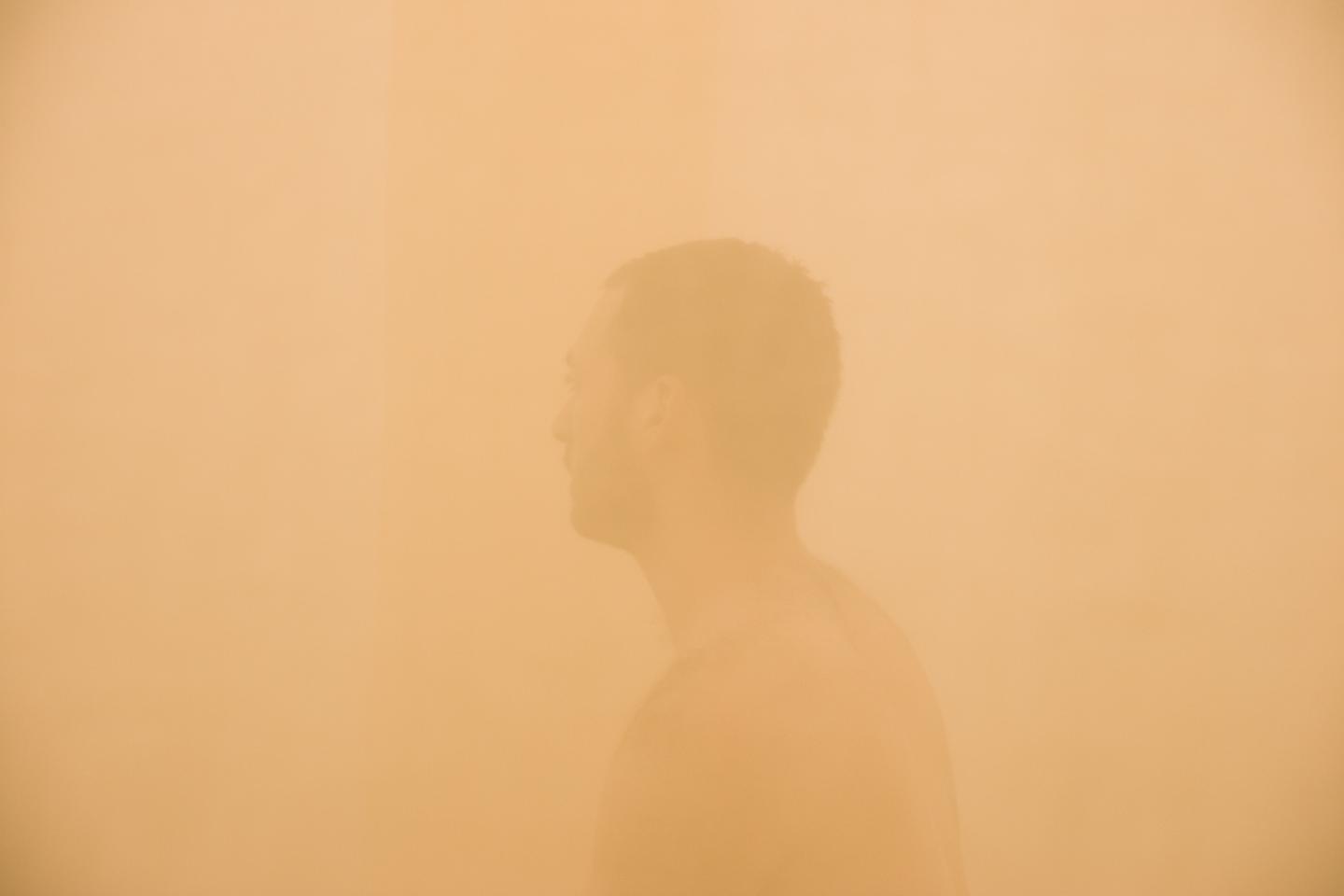 artist's silhouette behind transparent fabric